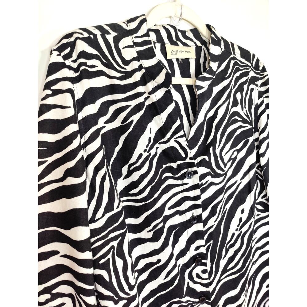 100% Linen Zebra Print Button Up Blouse Black White Petite XL Lagenlook Resort